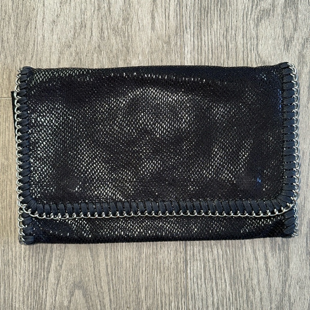 Black snake leather clutch bag purse 7.5 “ x 12“ chain